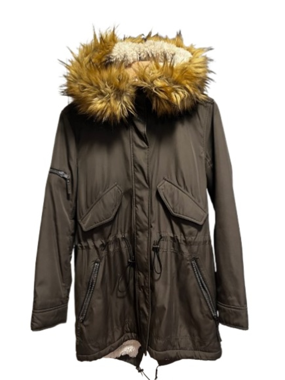 Aqua Olive Utility Parka with Faux Fur Trimmed Hood